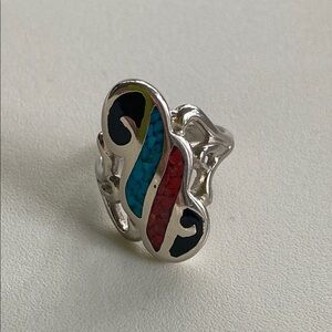 Vintage southwestern 840 Silver Crushed Turquoise Coral  Ring Sz 4 US. Boho